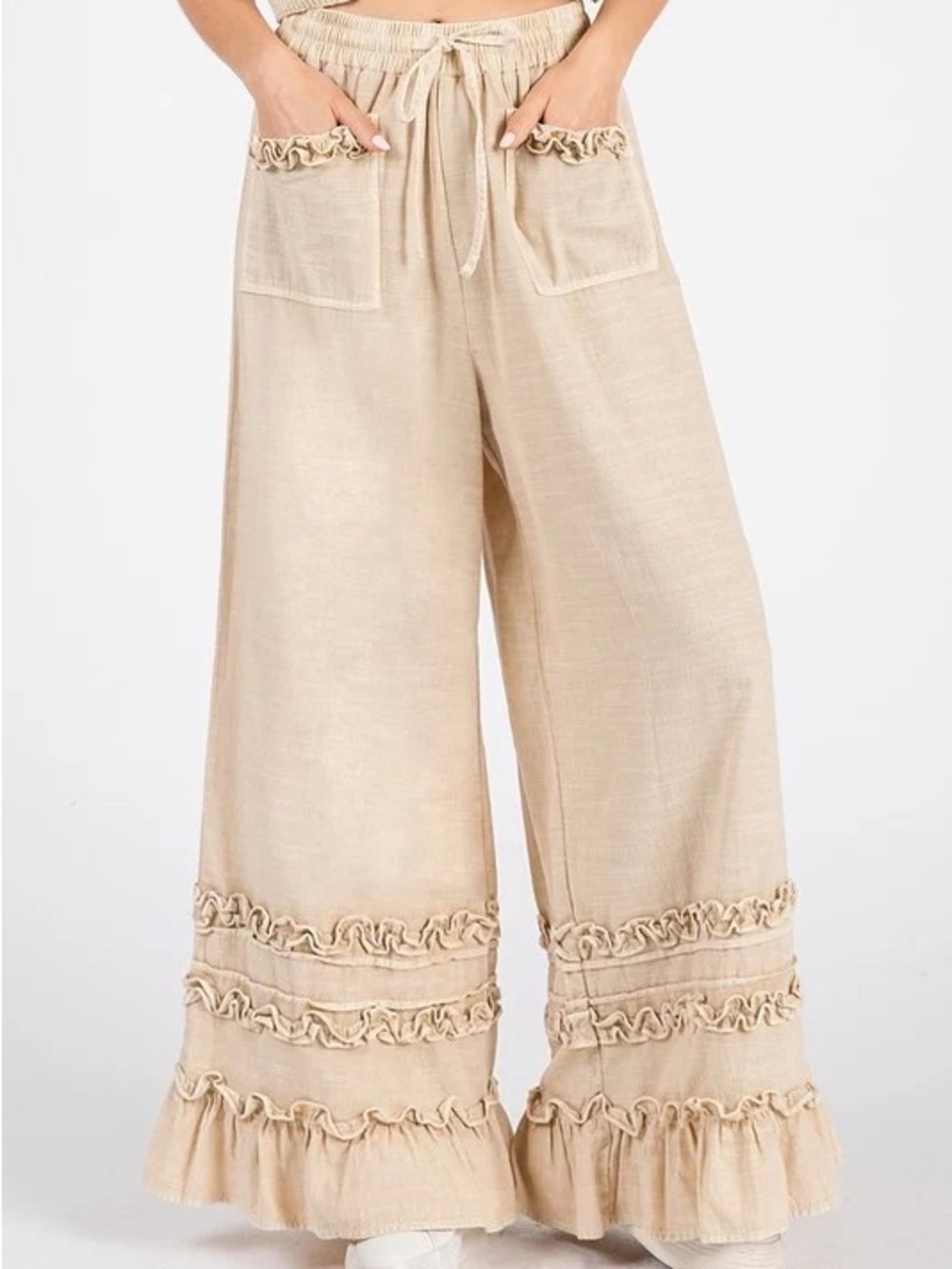 Mittoshop Simple Days Pants Wide-Leg Ruffle Hem Drawstring Pants Sz L